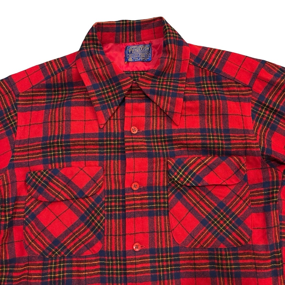 Vintage 70s Pendleton Wool Board Shirt Mens Medium Red Plaid Flannel Made in USA